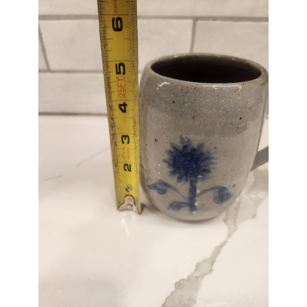 Vintage Studio Art Pottery Salt Glazed Coffee Tea Mug With Blue Flower Signed - Picture 9 of 10